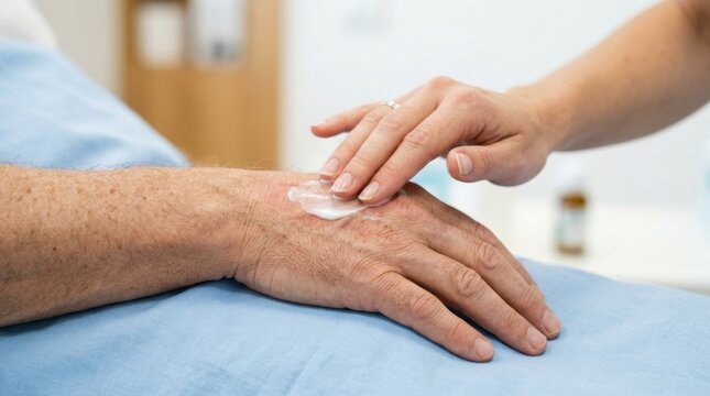 Nurse applying cream to patient's hand for skin treatment