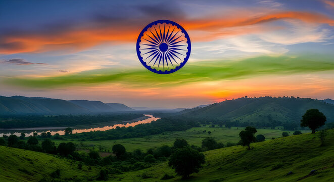 India independence day vibrant tricolor against a scenic sunset landscape