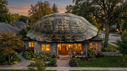Fototapeta premium A cozy suburban house where the roof is a massive, highly detailed, realistic turtle shell