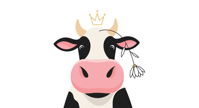 Cute illustration of a cow face wearing a small gold crown and carrying a daisy flower tucked behind its ear.