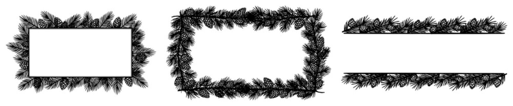 Christmas pine branch frames and borders for holiday design in hand drawn sketch style