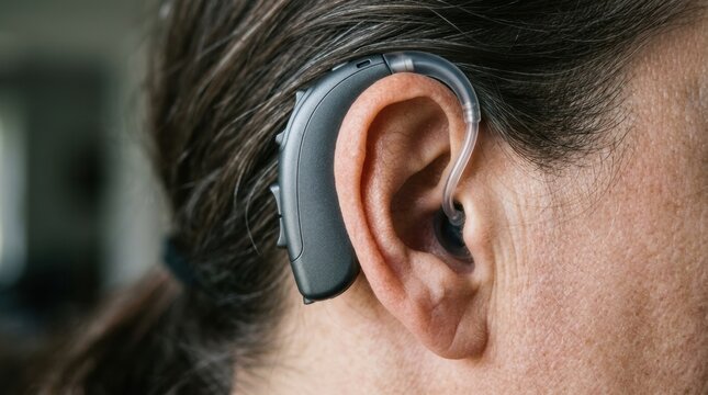 Close-up of a person's ear with a modern behind-the-ear hearing aid device