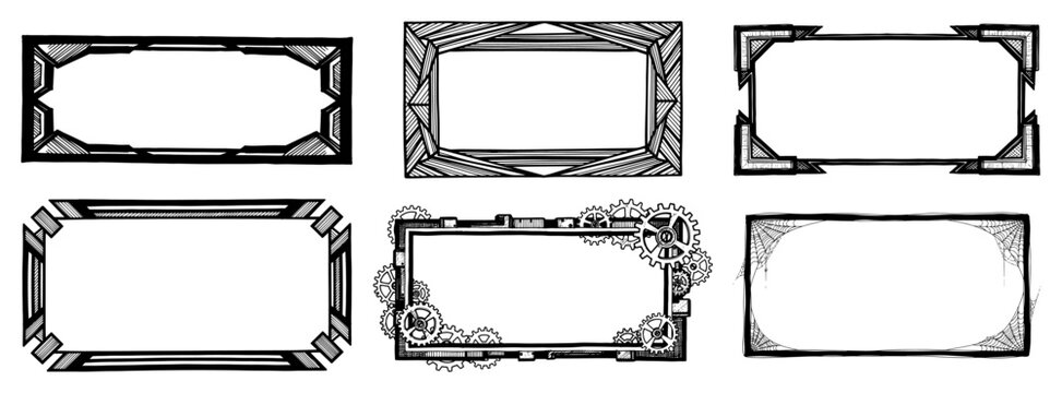 Decorative frame collection with steampunk gears art deco and spiderweb designs in graphic vector style
