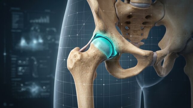 Detailed 3D rendering of the human hip joint anatomy with digital overlay