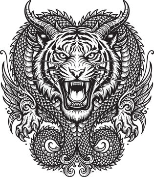 Ancient tiger dragon hybrid with scales horns and wings in ornate mythological beast line art style - Adobe Illustrator Artwork
