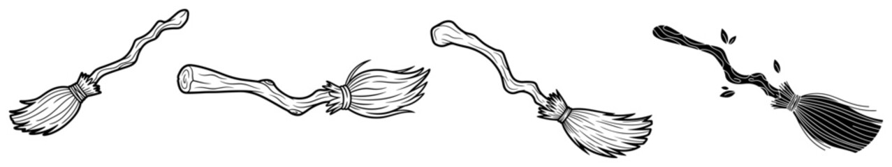 Witch broomstick collection for magic and halloween in rustic sketch style © Logan