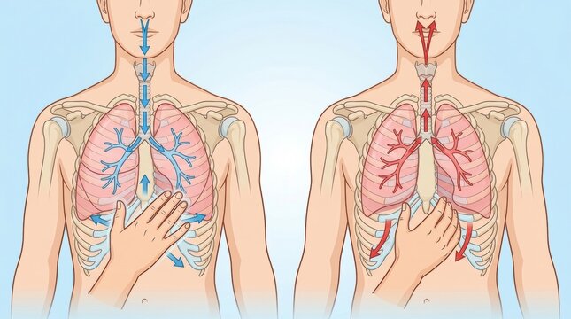 Diagram illustrating the mechanics of human respiration and diaphragm movement