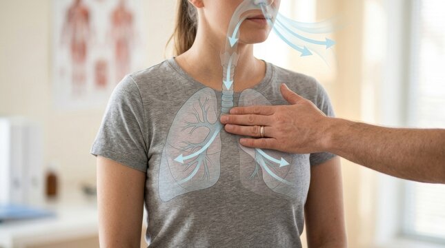 Medical illustration showing human lungs and respiratory system function