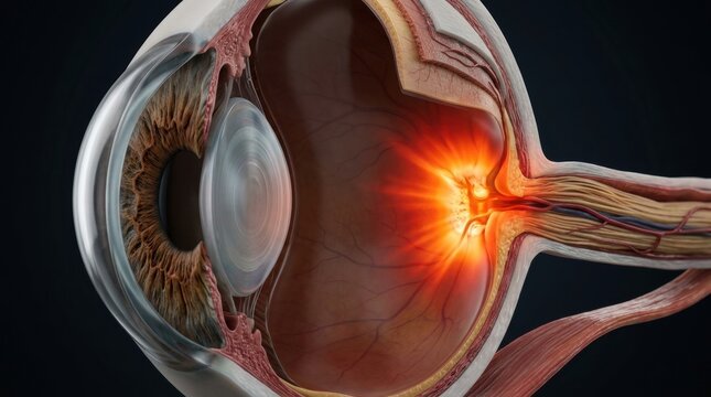 Detailed cross-section of the human eye showing internal structures and optic nerve