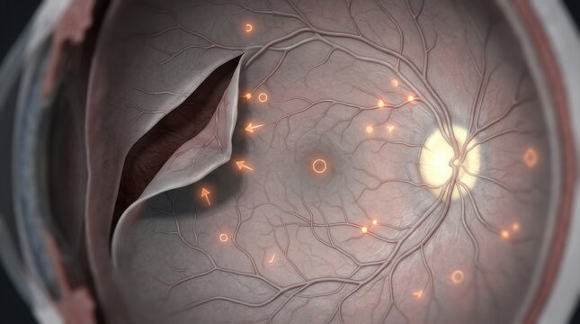 Detailed view of the human retina showing blood vessels and cellular structures
