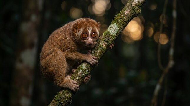  Sri Lankan red slender loris clinging to a tree branch