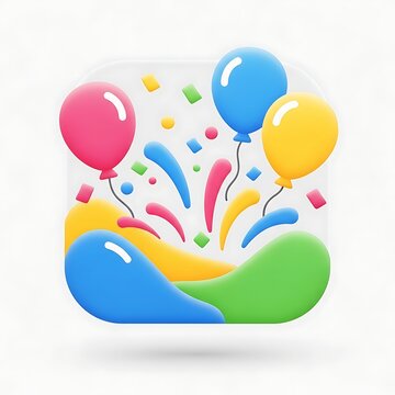 3D render of a festive celebration icon with colorful balloons and confetti.