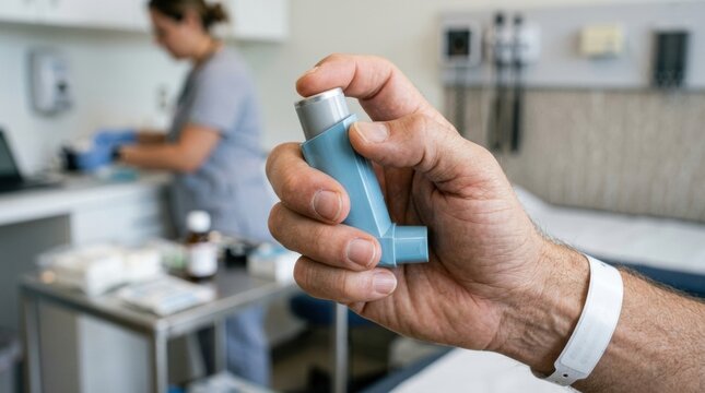 Patient holds blue inhaler for asthma relief in a medical clinic setting