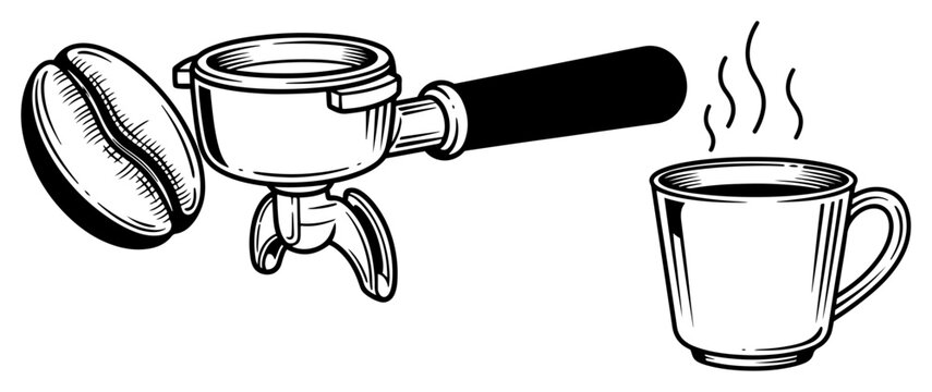 Coffee preparation set with coffee bean portafilter and steaming cup in vintage line art style