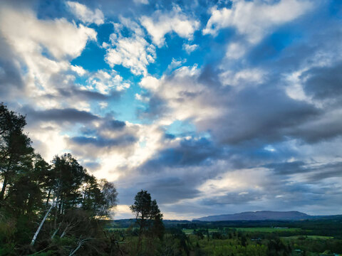 April 19th, 2026. Aerial View of Balmaha Valley Glasgow Landscape During Sunset Time. The village is a popular tourist destination for picnickers and day trippers from Glasgow