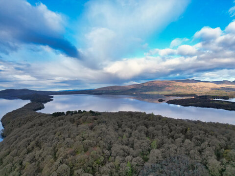 April 19th, 2026. Aerial View of Balmaha Valley Glasgow Landscape During Sunset Time. The village is a popular tourist destination for picnickers and day trippers from Glasgow