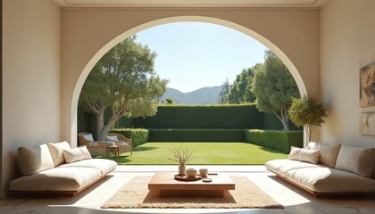 Obraz premium Minimalist interior with sofas opens to manicured garden view. Archway frames green lawn trees and distant hills. Bright sunny day creates peaceful ambiance.
