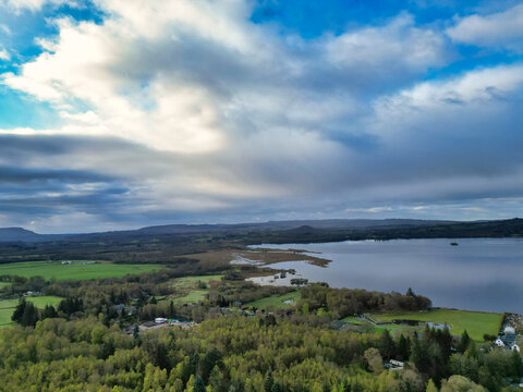 April 19th, 2026. Aerial View of Balmaha Valley Glasgow Landscape During Sunset Time. The village is a popular tourist destination for picnickers and day trippers from Glasgow