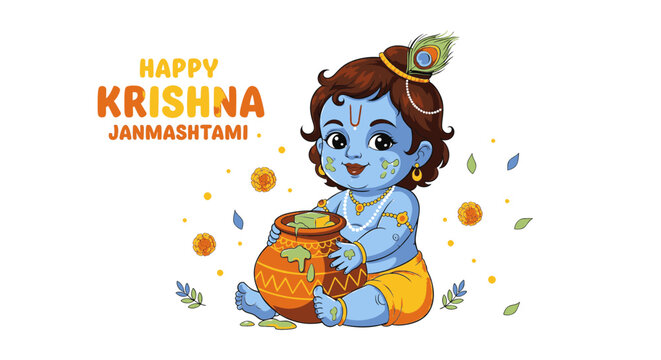 Cute Baby Krishna Illustration Holding a Butter Pot for Happy Janmashtami Festival Celebration