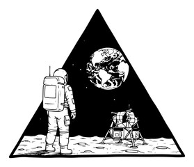 Astronaut standing on moon surface with earth view in a triangular black and white vector style © Logan