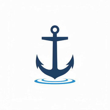 Anchor logo with blue silhouette and ripples, simple vector style for marine business and nautical branding