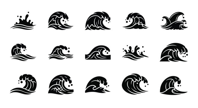 Ocean wave icons set, black sea surf silhouettes, 15 minimalist water splash vector elements, decorative nautical wave symbols for logo design