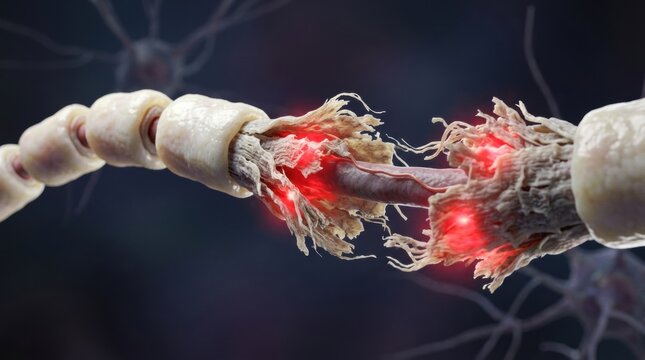 Close-up of a damaged nerve axon with myelin sheath breakdown and inflammation