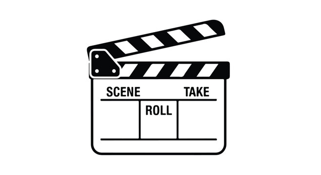 Classic movie clapperboard vector illustration, black and white film slate icon, cinema production equipment with scene take and roll labels