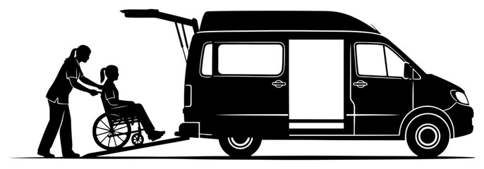 Assistant helping person in wheelchair enter accessible van via ramp in minimalist silhouette vector style © Logan