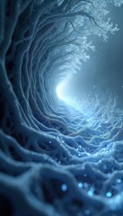 Obraz premium Abstract organic structure glows with light. Root like tendrils and crystalline patterns create a detailed microscopic network. Forms a natural background for science or medical concepts.