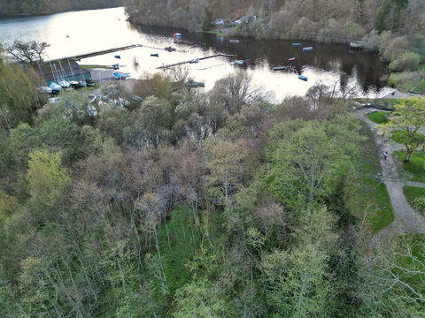 April 19th, 2026. Aerial View of Balmaha Valley Glasgow Landscape During Sunset Time. The village is a popular tourist destination for picnickers and day trippers from Glasgow