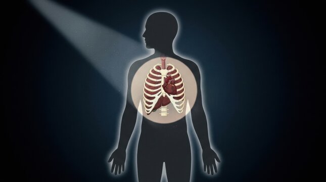 Anatomical illustration of the human chest cavity with a beating heart and rib cage
