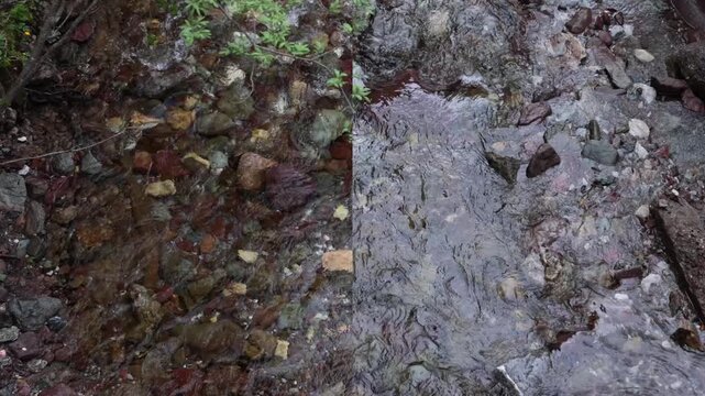 inquadratura divisa a met&agrave; con effetto polarizzazione da un lato, ruscello di montagna ripreso dall'alto, 