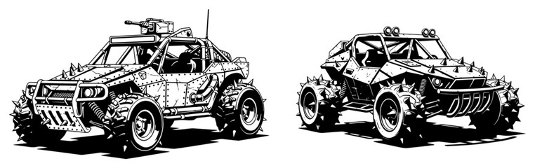 Off-road buggy vehicles with spikes and roll cages for post-apocalyptic survival in detailed black and white vector style © Logan