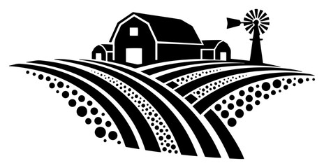 Farm landscape with barn and windmill overlooking cultivated fields in graphic silhouette style © Logan