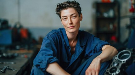 Fototapeta premium Woman mechanic in blue overalls sitting in a workshop with car parts