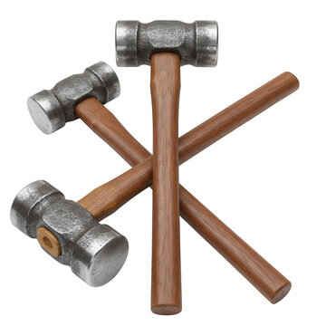 Three ball pein hammers crossed isolated on transparent background