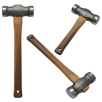 Three sledgehammers with wooden handles isolated on transparent background