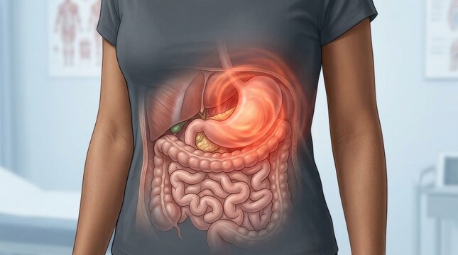 Illustration of a human digestive system with a highlighted stomach area