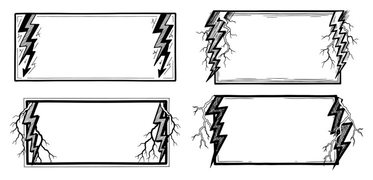 Rectangular text frames with lightning bolts and electric cracks in hand drawn doodle style