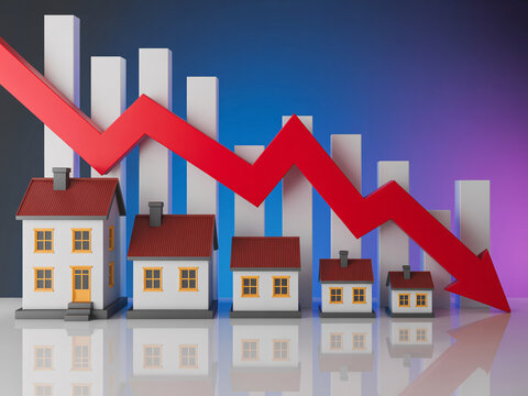 A 3D illustration of a downward trending graph with miniature houses and bars in the background