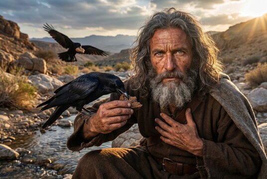 Biblical prophet Elijah sitting by the Brook Cherith in the wilderness, being fed bread by ravens sent by God. Concept of divine provision, faith, trust in God, and miraculous sustenance