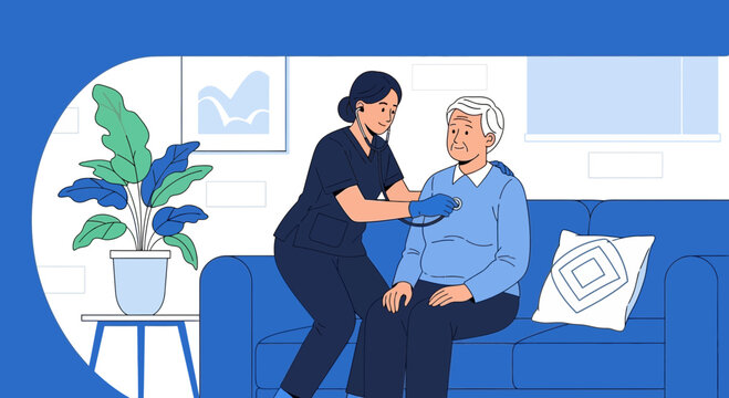 Nurse examining elderly man with stethoscope on sofa at home, healthcare concept