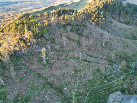 April 19th, 2026. Aerial View of Balmaha Valley Glasgow Landscape During Sunset Time. The village is a popular tourist destination for picnickers and day trippers from Glasgow