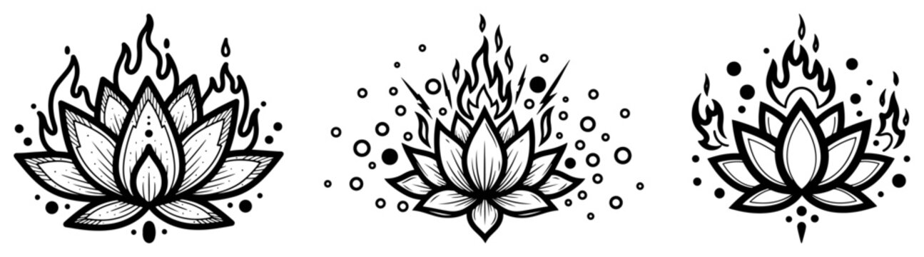 Lotus flower with burning flames for spiritual purification in stylized line art style