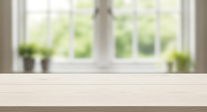 Weathered wooden tabletop in focus with a softly blurred background of a window overlooking lush green trees, conveying a serene natural ambiance