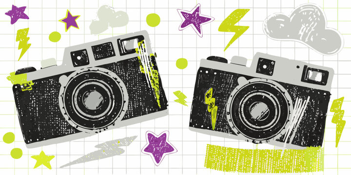 Vintage cameras and colorful hand drawn stars and lightning bolts on grid