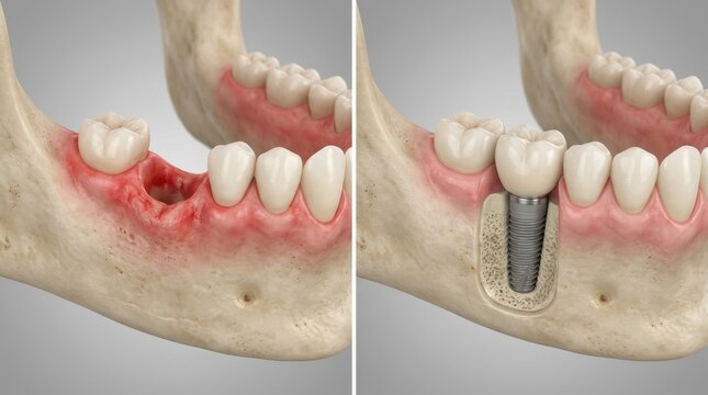 Dental implant placement before and after illustration of jawbone and teeth