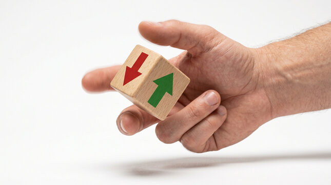 A hand flipping a wooden cube from a downward red arrow to an upward green arrow on a clean white background, symbolizing mindset change.