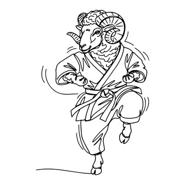 Ram wearing karate gi in balanced fighting stance in clean line art style